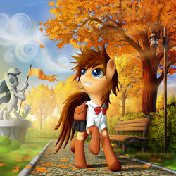 Size: 1400x1400 | Tagged: safe, artist:empalu, oc, oc only, autumn, bench, bowtie, clothes, flag, freckles, lamp, looking around, school uniform, solo, statue