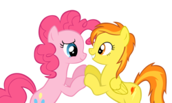 Size: 1280x766 | Tagged: safe, artist:alamber, artist:takua770, pinkie pie, spitfire, earth pony, pegasus, pony, g4, alternate hairstyle, crack shipping, female, lesbian, mare, ship:spitpie, shipping, show accurate, simple background, transparent background, vector