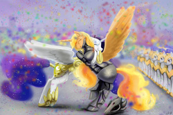 Size: 1024x683 | Tagged: safe, artist:silfoe, applejack, rarity, alicorn, pony, g4, alicornified, applecorn, armor, armorarity, bipedal, celebration, commission, duo, embrace, ethereal mane, eyes closed, female, future, helmet, hoof shoes, hug, mare, princess of the night, princess of the sun, race swap, raricorn, royal guard, smiling, spread wings, starry mane