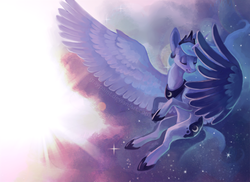 Size: 2000x1455 | Tagged: safe, artist:graypaint, princess luna, alicorn, pony, g4, alternate hairstyle, cloud, eyes closed, female, flying, glowing horn, horn, jewelry, magic, mare, regalia, smiling, solo, sparkles, spread wings, sunrise, tiara, watermark, wings