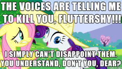Size: 610x343 | Tagged: safe, fluttershy, rarity, pony, g4, caption, derp, female, image macro, insanity, mare, meme, tree