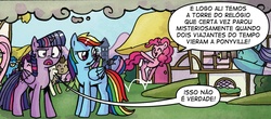 Size: 1274x561 | Tagged: safe, edit, idw, official comic, doctor whooves, fluttershy, pinkie pie, rainbow dash, time turner, twilight sparkle, alicorn, earth pony, pegasus, pony, g4, spoiler:comic, spoiler:comic31, back to the future, cropped, female, mare, portuguese, reference, speech bubble, twilight sparkle (alicorn)