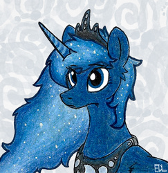 Size: 688x708 | Tagged: safe, artist:inkbleederwolf, princess luna, g4, colored pencil drawing, cute, female, flowing mane, fluffy, frown, messy mane, moon, portrait, solo, traditional art