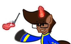 Size: 752x464 | Tagged: safe, artist:nerdymexicanunicorn, oc, oc only, oc:nerdy, fallout equestria, clothes, fallout, fallout 3, fallout shelter, glasses, gun, jumpsuit, magic, revolver, simple background, smiling, transparent background, vault 101 suit, vault suit, weapon