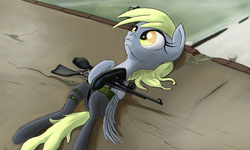 Size: 3000x1800 | Tagged: safe, artist:aaronmk, derpy hooves, pegasus, pony, g4, female, gun, hooves, konami, lying down, mare, metal gear, metal gear solid, metal gear solid 5, optical sight, quiet (metal gear), rifle, scrunchy face, sniper rifle, solo, weapon, wings