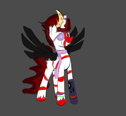 Size: 1280x1178 | Tagged: safe, artist:marsminer, oc, oc only, oc:crimson bloodwing, alicorn, changeling, cyborg, pony, broken horn, clothes, colored wings, horn, joke oc, scarf