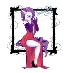 Size: 1800x1900 | Tagged: safe, artist:o0munchie0o, rarity, anthro, g4, bedroom eyes, clothes, diamond, dress, evening gloves, female, frame, gloves, hair over one eye, looking at you, red dress, side slit, solo