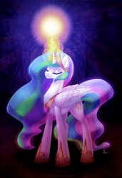 Size: 1524x2232 | Tagged: safe, artist:limreiart, princess celestia, alicorn, pony, g4, chest fluff, crown, eyebrows, eyebrows visible through hair, eyes closed, fanfic art, female, glowing horn, horn, jewelry, magic, mare, regalia, smiling, solo