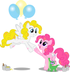 Size: 7000x7200 | Tagged: safe, artist:gray--day, gummy, pinkie pie, surprise, pegasus, pony, g1, g4, absurd resolution, balloon, cardboard wings, costume, cute, diapinkes, fake wings, g1 to g4, generation leap, looking at each other, paint, paint in hair, paint on fur, simple background, then watch her balloons lift her up to the sky, transparent background