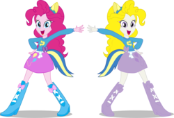 Size: 3118x2121 | Tagged: safe, artist:ytpinkiepie2, pinkie pie, surprise, equestria girls, g1, g4, balloon, boots, clothes, high heel boots, high res, looking at you, skirt, wondercolts, wondercolts uniform