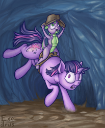 Size: 1266x1536 | Tagged: safe, artist:exedrus, spike, twilight sparkle, dragon, pony, unicorn, g4, bucking, cave, cowboy hat, dragons riding ponies, duo, female, frown, funny, hat, looking at you, male, mare, open mouth, riding, running, saddle, spike riding twilight, stetson, surprised, unicorn twilight, wide eyes