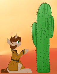Size: 1955x2550 | Tagged: safe, oc, oc only, oc:past tale, pony, unicorn, fallout equestria, cactus, cover art, curious, desert, roving trader, saguaro cactus, simple background, sitting, solo