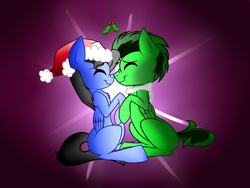 Size: 1600x1200 | Tagged: safe, artist:kittensneezikuns, oc, oc only, oc:midnight cloud, oc:sweet sound, pegasus, pony, abstract background, big ears, boop, christmas, clothes, cute, eyes closed, femboy, gay, happy, hat, hearth's warming eve, holiday, holly, holly mistaken for mistletoe, long mane, long tail, love, male, nose wrinkle, noseboop, ponysona, santa hat, scarf, shipping, smiling, snuggling