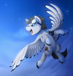 Size: 872x917 | Tagged: safe, artist:hioshiru, oc, oc only, pegasus, pony, both cutie marks, cheek fluff, chest fluff, cloud, coat markings, colored hooves, colored pupils, colored wings, colored wingtips, digital art, ear fluff, fluffy, flying, goggles, leg fluff, male, open mouth, sky, socks (coat markings), solo, spread wings, stallion, starry night, unshorn fetlocks, wing fluff, wings