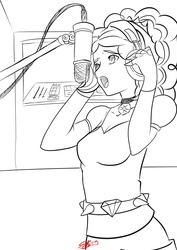 Size: 3674x5200 | Tagged: safe, artist:xxxsketchbookxxx, adagio dazzle, equestria girls, g4, female, gem, headphones, microphone, monochrome, open mouth, simple background, siren gem, sketch, solo, sound booth, voice acting, white background