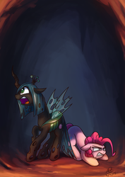 Size: 1024x1448 | Tagged: safe, artist:anticular, pinkie pie, queen chrysalis, changeling, changeling queen, earth pony, pony, g4, alternate hairstyle, angry, back to back, cave, commission, crouching, crown, cutie mark, duo, duo female, face down ass up, female, floppy ears, frown, glare, gritted teeth, jewelry, mare, open mouth, raised hoof, regalia, short hair, wide eyes