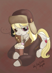 Size: 620x877 | Tagged: safe, artist:ckyeli, march gustysnows, pony, g4, clothes, coat, cup, female, hat, looking at you, lying down, mocha, signature, solo, ushanka