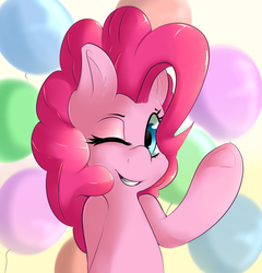 Size: 1712x1786 | Tagged: safe, artist:sourspot, pinkie pie, g4, balloon, female, one eye closed, solo, underhoof, wink