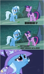 Size: 556x936 | Tagged: safe, edit, edited screencap, screencap, trixie, twilight sparkle, pony, unicorn, g4, magic duel, female, grammar error, mare, pouting, screencap comic, trixie hate, twibitch sparkle