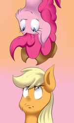 Size: 1024x1693 | Tagged: safe, artist:sourspot, applejack, pinkie pie, g4, accessory theft, hat, upside down