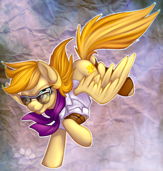 Size: 1143x1200 | Tagged: safe, artist:touchofsnow, oc, oc only, oc:star fury, pegasus, pony, clothes, flying, looking back, scarf, shirt, smiling, smirk, solo, spread wings, sunglasses