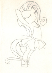 Size: 1175x1657 | Tagged: safe, artist:chronicle23, fluttershy, pony, g4, ballerina, clothes, cute, female, monochrome, skirt, solo, traditional art, tutu