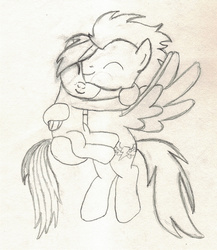 Size: 1579x1822 | Tagged: safe, artist:chronicle23, rainbow dash, soarin', pegasus, pony, g4, female, hug, lineart, male, monochrome, ship:soarindash, shipping, straight, traditional art