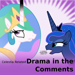 Size: 1024x1024 | Tagged: safe, artist:cheezedoodle96, edit, princess celestia, princess luna, alicorn, pony, derpibooru, g4, celestia related drama in the comments, duo, female, mare, meta, spoiler tag, spoilered image joke