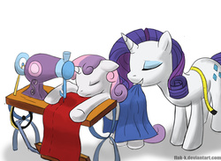 Size: 982x717 | Tagged: safe, artist:flak--k, rarity, sweetie belle, g4, cute, mouth hold, sewing machine, sisters, sleeping