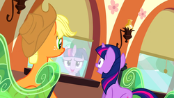 Size: 1280x720 | Tagged: safe, edit, edited screencap, screencap, applejack, twilight sparkle, g4, just for sidekicks, reflection, window