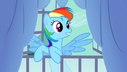 Size: 1280x720 | Tagged: safe, screencap, rainbow dash, pegasus, pony, g4, spike at your service, female, flying, lip bite, mare, nose wrinkle, scrunchy face, solo