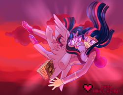 Size: 3850x2975 | Tagged: safe, artist:ladypixelheart, twilight sparkle, human, g4, air ponyville, book, clothes, falling, goggles, high res, human ponidox, humanized, jumpsuit, parachute, skydiving, twilight sparkle (alicorn)