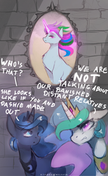 Size: 865x1400 | Tagged: safe, artist:foxinshadow, princess celestia, princess luna, pony, g4, celestabellebethabelle, crossover, dialogue, female, glowing horn, gravity falls, horn, male, mare, the last mabelcorn