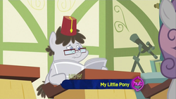 Size: 1920x1080 | Tagged: safe, screencap, truffle shuffle, g4, ponyville confidential, fez, glasses, hat, hub logo, newspaper, reading, solo