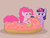 Size: 1000x760 | Tagged: safe, artist:empyu, pinkie pie, twilight sparkle, alicorn, earth pony, pony, g4, 30 minute art challenge, :t, donut, duo, eating, eyes closed, female, grin, happy, magic, mare, messy eating, smiling, stuffing, telekinesis, this will end in weight gain, twilight sparkle (alicorn)