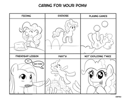 Size: 1000x801 | Tagged: safe, artist:empyu, pinkie pie, earth pony, pony, g4, bad pony, ball, butt, cake, caring for your pony, comic, cute, diapinkes, doing loving things, eating, female, frown, grayscale, grin, happy, hoof hold, juggling, knife, legs in air, lineart, looking up, lying down, mare, meme, monochrome, mouth hold, on back, party, pinkamena diane pie, plot, pronking, simple background, smiling, solo focus, upside down, white background, wide eyes
