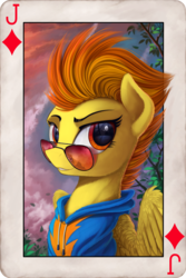 Size: 1100x1650 | Tagged: safe, artist:yakovlev-vad, spitfire, pony, g4, bust, clothes, female, hoodie, looking at you, mare, playing card, smiling, solo, sunglasses