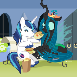 Size: 1100x1100 | Tagged: safe, artist:dm29, queen chrysalis, shining armor, changeling, pony, unicorn, g4, bench, burger, cute, cutealis, duo, food, hay burger, paper crown, prone, shining adorable, sitting