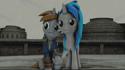 Size: 4048x2277 | Tagged: safe, artist:logand312, oc, oc only, oc:homage, oc:littlepip, pony, unicorn, fallout equestria, 3d, clothes, fanfic, fanfic art, female, hooves, horn, jumpsuit, lesbian, mare, oc x oc, pipbuck, rain, ship:pipmage, shipping, source filmmaker, vault suit