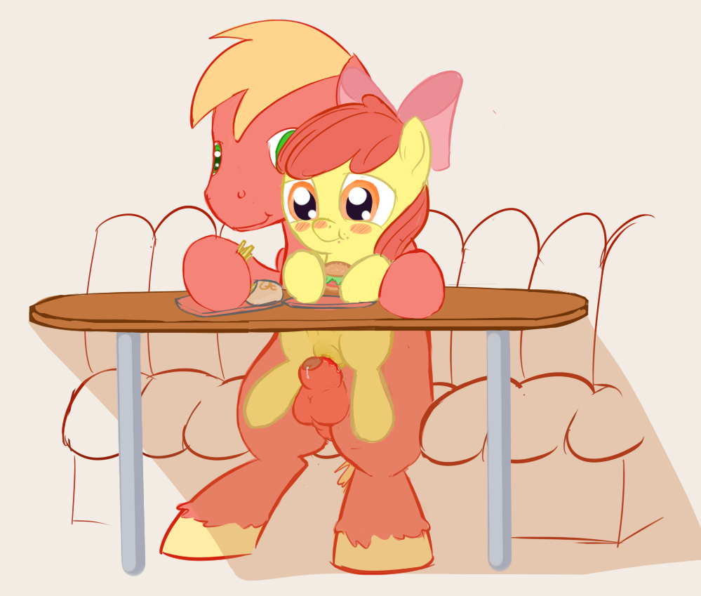 975441 - explicit, artist:a6p, apple bloom, big macintosh, earth pony,  pony, g4, applecest, blushing, cute, cute porn, flaccid, foalcon, food,  incest, male, nudity, penis, public sex, sex, ship:macbloom, shipping,  stallion, stallion on