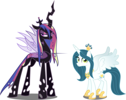 Size: 3809x3000 | Tagged: safe, artist:xebck, edit, vector edit, princess cadance, queen chrysalis, alicorn, changeling, pony, a canterlot wedding, g4, alicorn princess, alternate universe, changeling queen cadance, changelingified, concave belly, green eyes, height difference, high res, lanky, looking at you, physique difference, ponified, princess cadalis, princess chrysalis, purple changeling, queen cadance, role reversal, simple background, skinny, slender, species swap, tall, thin, transparent background, vector