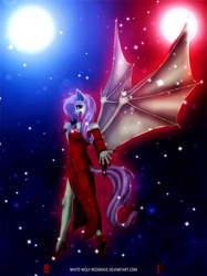 Size: 765x1024 | Tagged: safe, artist:wwredgrave, fluttershy, bat pony, anthro, g4, clothes, dress, female, flower, flutterbat, high heels, lens flare, microphone, singing, solo, spread wings, stars