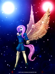 Size: 765x1024 | Tagged: safe, artist:wwredgrave, fluttershy, anthro, filli vanilli, g4, clothes, female, high heels, lens flare, microphone, ponytones outfit, singing, skirt, solo, spread wings, stars, sweater, sweatershy
