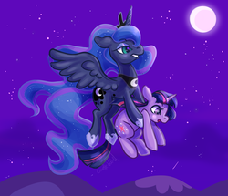 Size: 4074x3507 | Tagged: safe, artist:corelle-vairel, princess luna, twilight sparkle, alicorn, pony, unicorn, g4, floppy ears, flying, holding a pony, moon, night, unicorn twilight