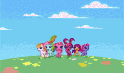 Size: 451x265 | Tagged: safe, edit, edited screencap, screencap, cheerilee (g3), pinkie pie (g3), rainbow dash (g3), scootaloo (g3), starsong, toola-roola, earth pony, pegasus, pony, g3, g3.5, g4, twinkle wish adventure, animated, blooper, fail, female, fourth wall, opening theme, ouch, outtakes, this will end in pain