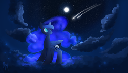 Size: 1024x580 | Tagged: safe, artist:sallylapone, princess luna, g4, cloud, cloudy, female, moon, night, shooting star, solo