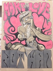 Size: 768x1024 | Tagged: safe, artist:andypriceart, princess cadance, g4, bedroom eyes, belt, choker, clothes, earring, female, flower, glasses, hippie, looking at you, love, make love not war, pants, patchwork, piercing, pink, sagging, smelling, smiling, solo, traditional art, war