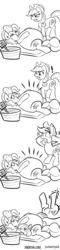 Size: 1200x5000 | Tagged: safe, artist:jcosneverexisted, apple bloom, applejack, pinkie pie, g4, 30 minute art challenge, basket, bushel basket, comic, fat, monochrome, on back, pudgy pie, scared, shocked