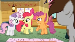 Size: 1052x590 | Tagged: safe, screencap, apple bloom, pipsqueak, scootaloo, sweetie belle, earth pony, pony, crusaders of the lost mark, g4, colt, cutie mark crusaders, male