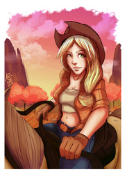 Size: 791x1078 | Tagged: safe, artist:aserail, applejack, human, g4, belly button, clothes, female, gloves, humanized, humans riding horses, midriff, riding, shirt, solo